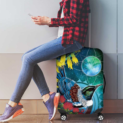 New Zealand Tui Bird Luggage Cover Maori Koru With Pohutukawa Galaxy Style - Aussie Hoodie