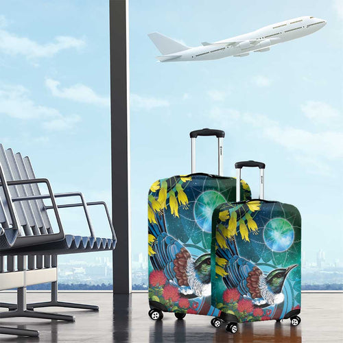 New Zealand Tui Bird Luggage Cover Maori Koru With Pohutukawa Galaxy Style - Aussie Hoodie