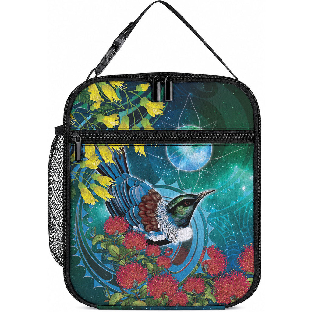New Zealand Tui Bird Lunch Bag Maori Koru With Pohutukawa Galaxy Style