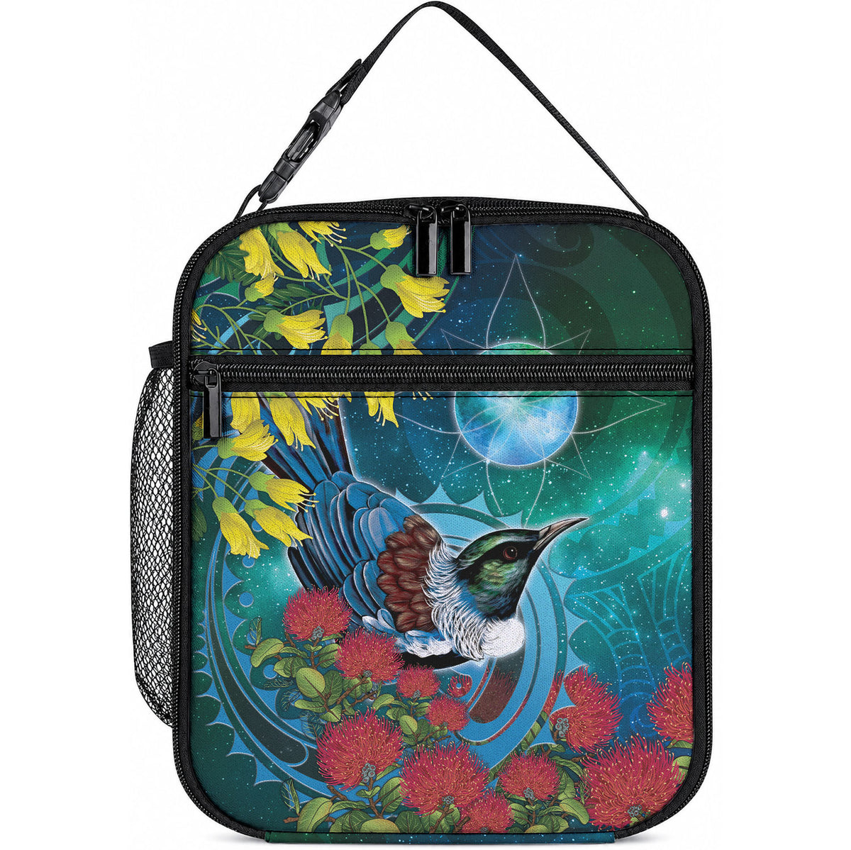 New Zealand Tui Bird Lunch Bag Maori Koru With Pohutukawa Galaxy Style
