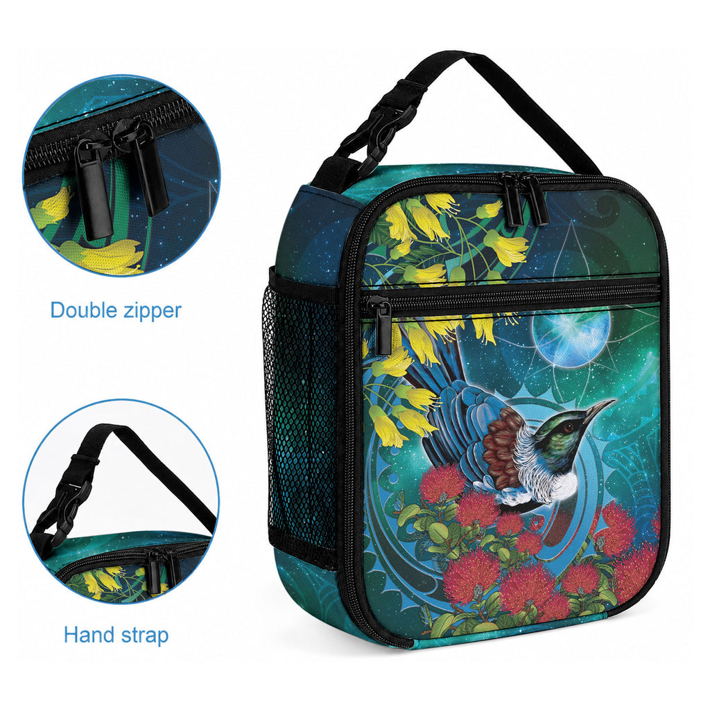 New Zealand Tui Bird Lunch Bag Maori Koru With Pohutukawa Galaxy Style