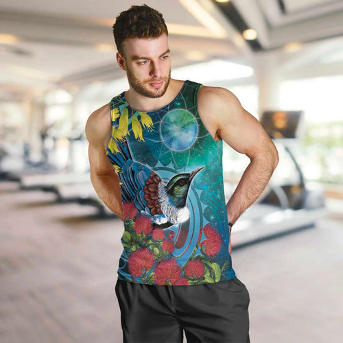 New Zealand Tui Bird Men Tank Top Maori Koru With Pohutukawa Galaxy Style - Aussie Hoodie