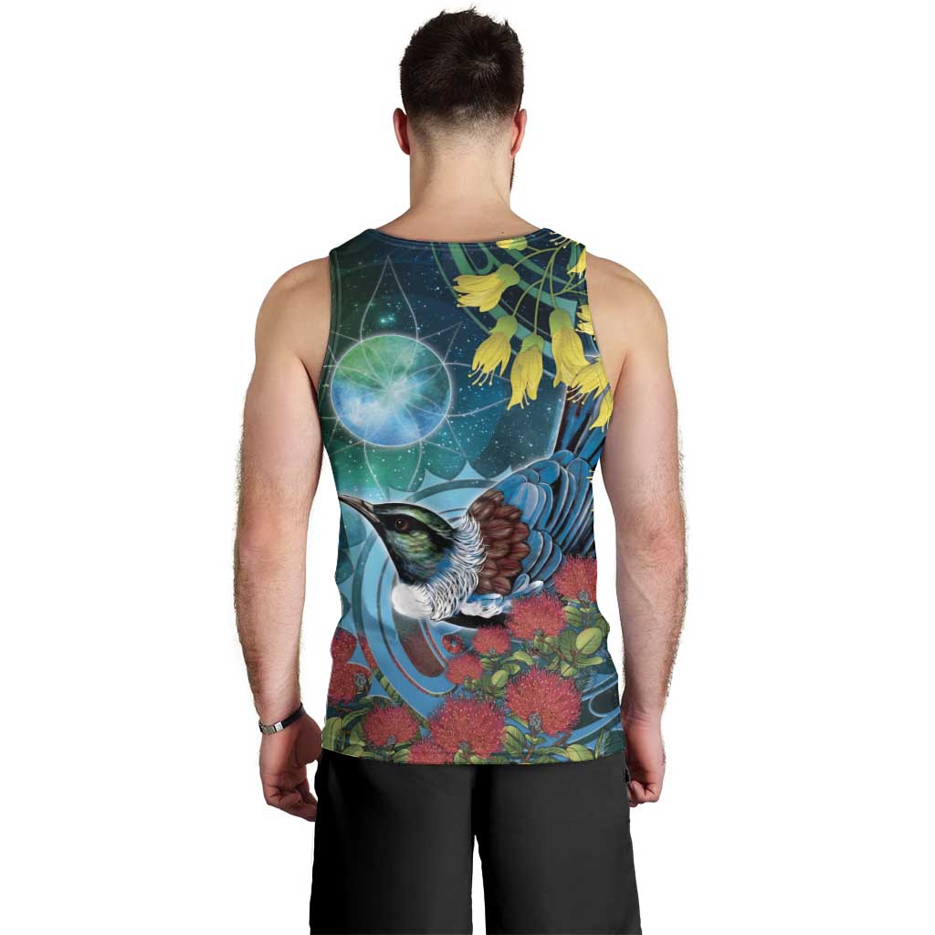 New Zealand Tui Bird Men Tank Top Maori Koru With Pohutukawa Galaxy Style - Aussie Hoodie