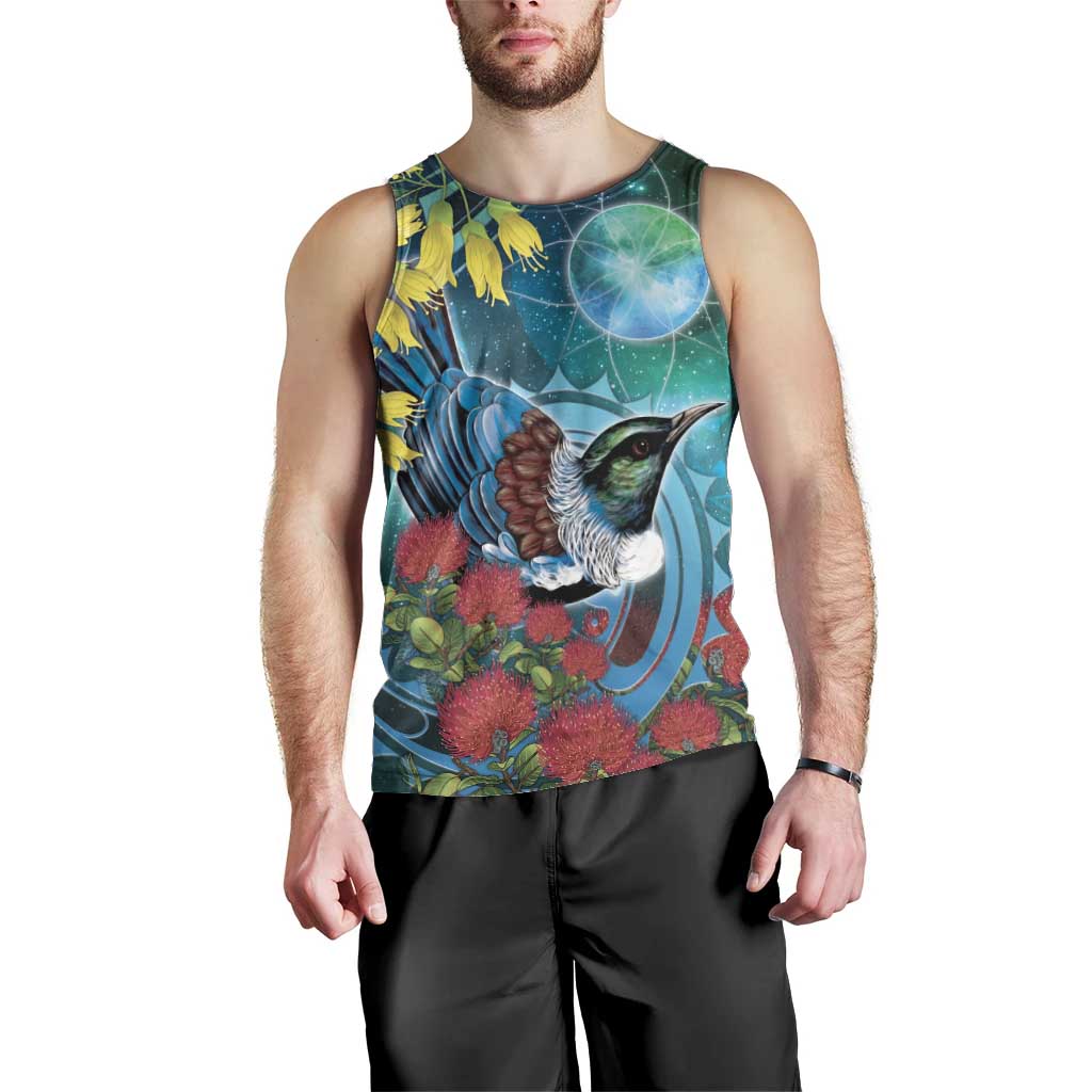 New Zealand Tui Bird Men Tank Top Maori Koru With Pohutukawa Galaxy Style - Aussie Hoodie