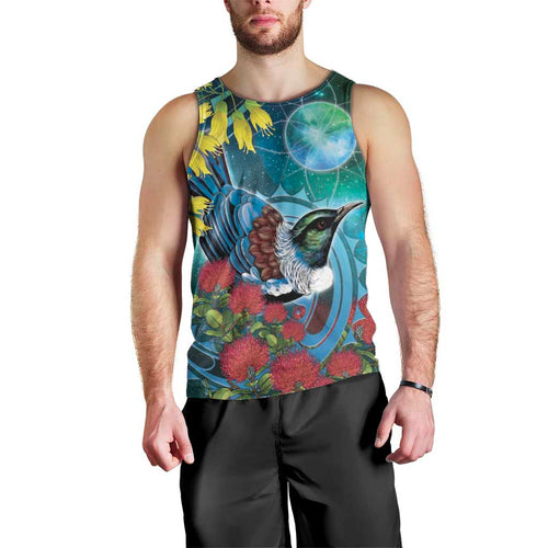 New Zealand Tui Bird Men Tank Top Maori Koru With Pohutukawa Galaxy Style - Aussie Hoodie
