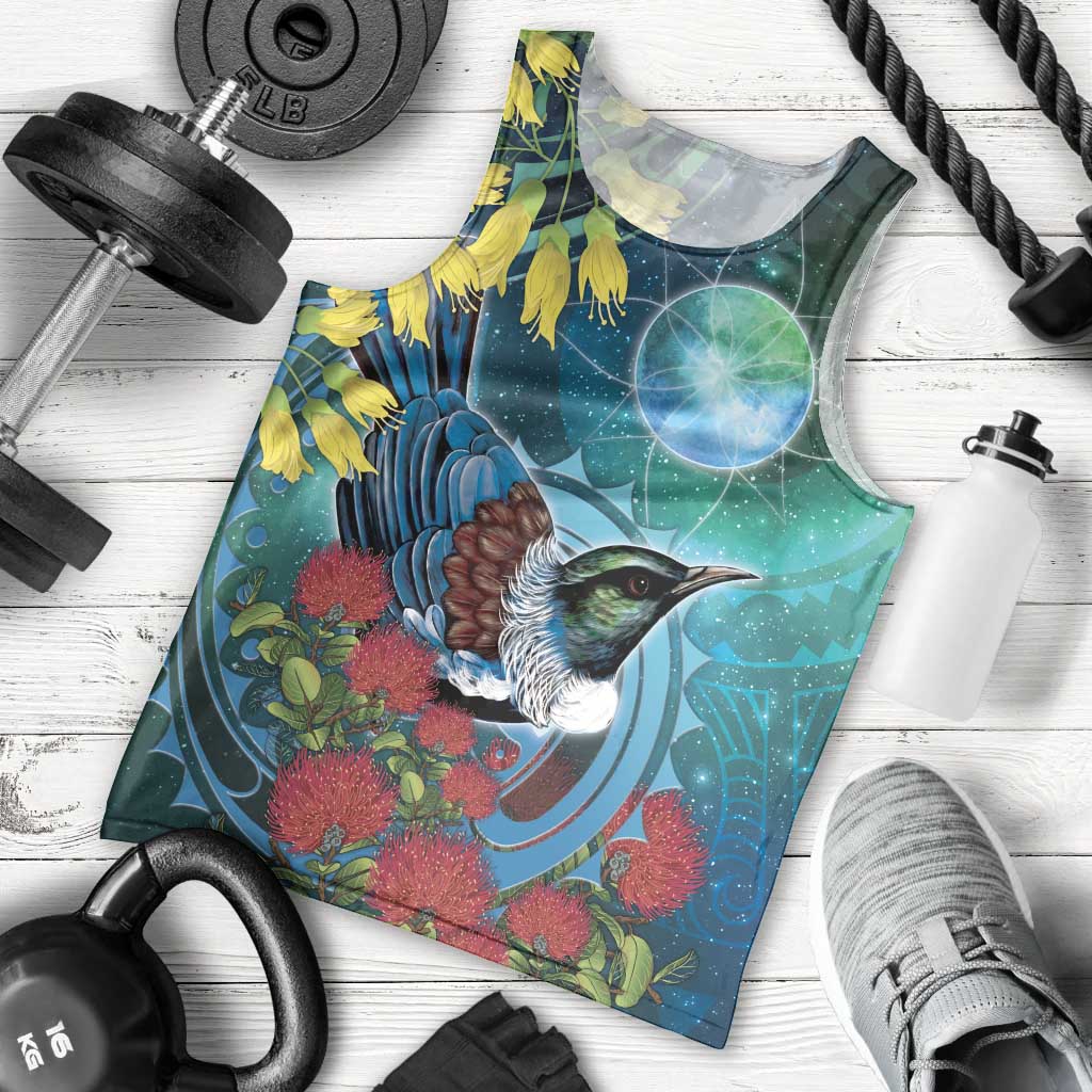 New Zealand Tui Bird Men Tank Top Maori Koru With Pohutukawa Galaxy Style - Aussie Hoodie