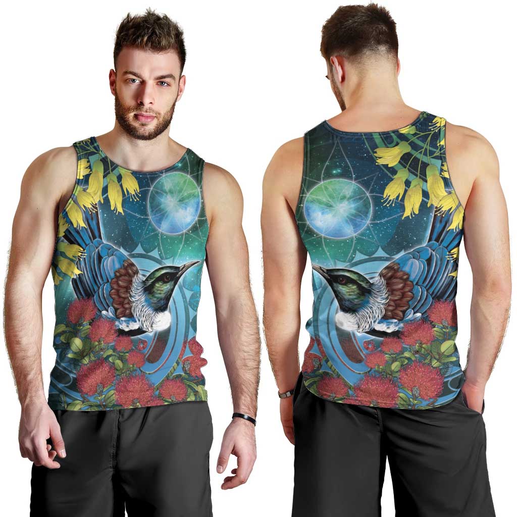 New Zealand Tui Bird Men Tank Top Maori Koru With Pohutukawa Galaxy Style - Aussie Hoodie