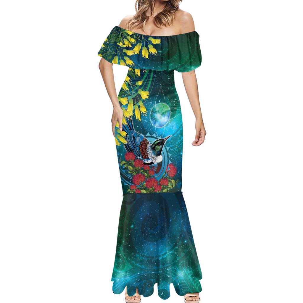 New Zealand Tui Bird Mermaid Dress Maori Koru With Pohutukawa Galaxy Style - Aussie Hoodie