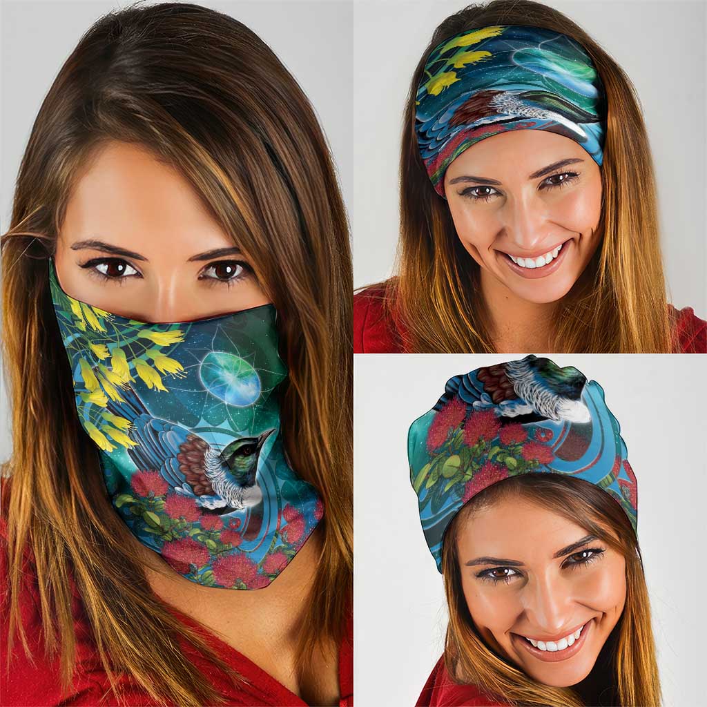New Zealand Tui Bird Neck Gaiter Maori Koru With Pohutukawa Galaxy Style - Aussie Hoodie