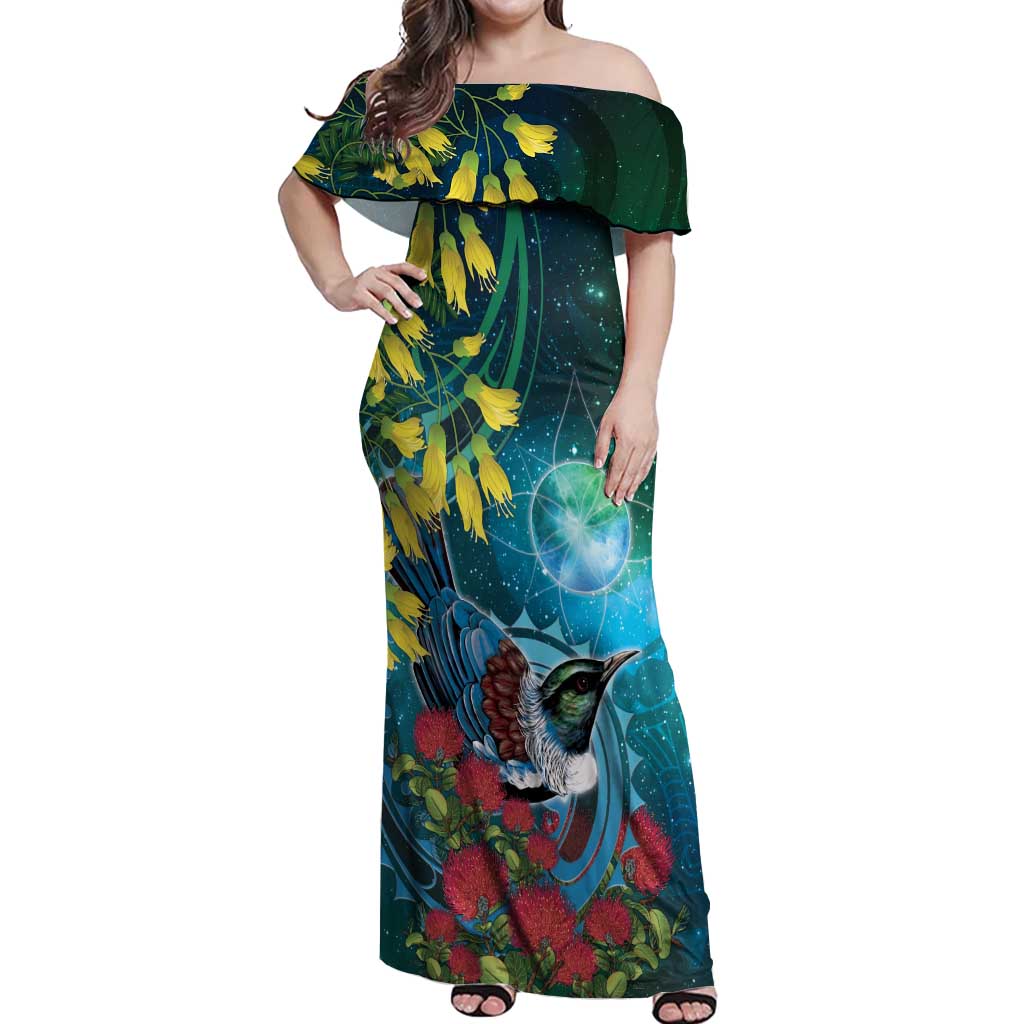 New Zealand Tui Bird Off Shoulder Maxi Dress Maori Koru With Pohutukawa Galaxy Style - Aussie Hoodie