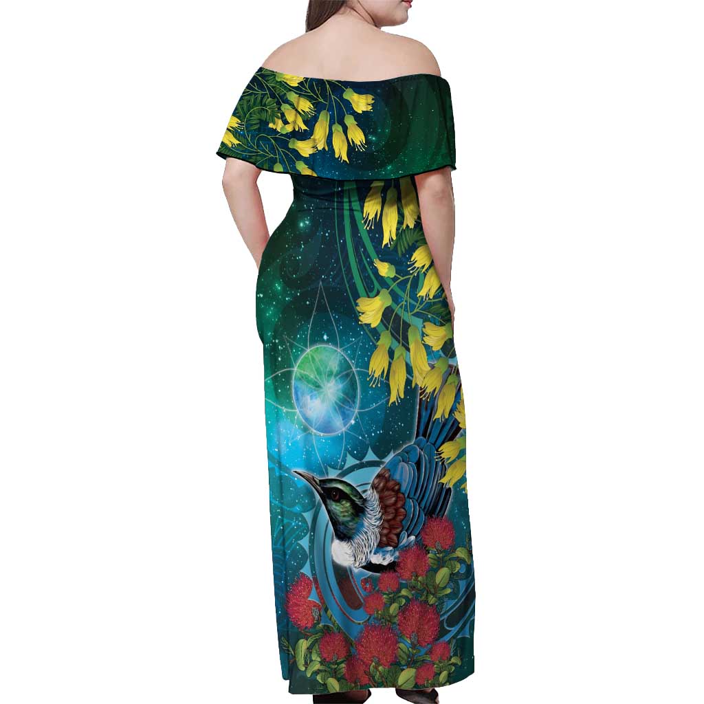 New Zealand Tui Bird Off Shoulder Maxi Dress Maori Koru With Pohutukawa Galaxy Style - Aussie Hoodie