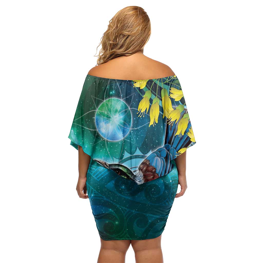 New Zealand Tui Bird Off Shoulder Short Dress Maori Koru With Pohutukawa Galaxy Style - Aussie Hoodie