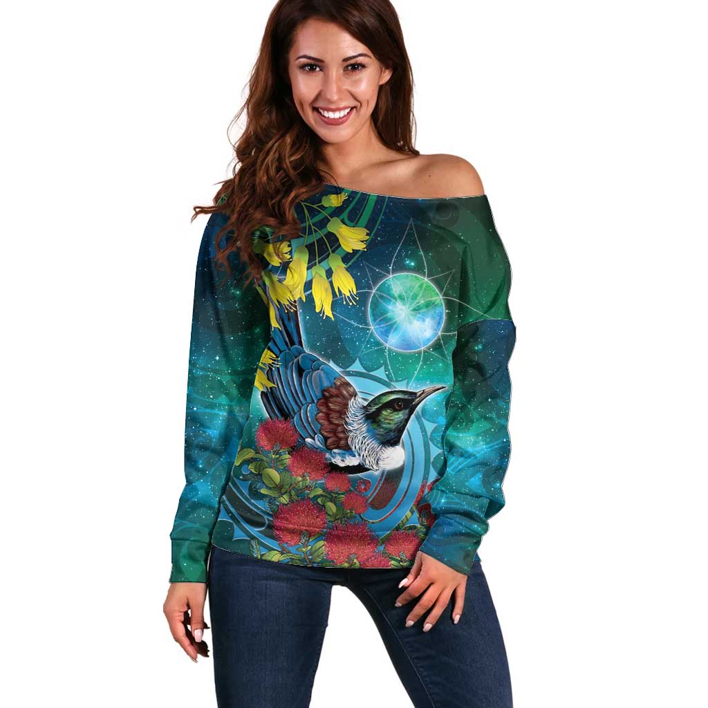 New Zealand Tui Bird Off Shoulder Sweater Maori Koru With Pohutukawa Galaxy Style - Aussie Hoodie