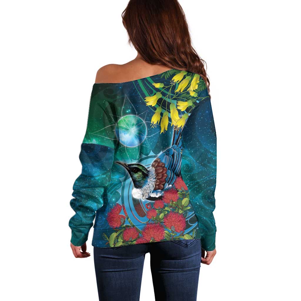 New Zealand Tui Bird Off Shoulder Sweater Maori Koru With Pohutukawa Galaxy Style - Aussie Hoodie