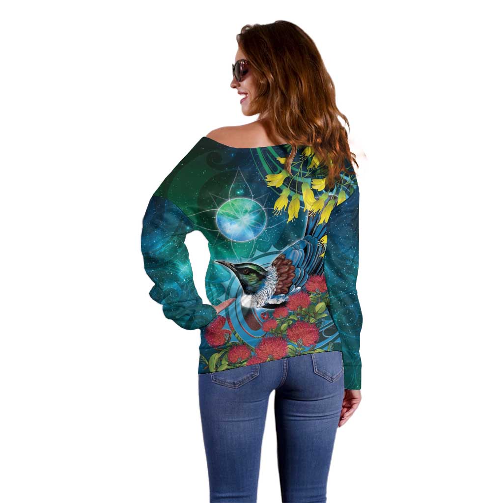 New Zealand Tui Bird Off Shoulder Sweater Maori Koru With Pohutukawa Galaxy Style - Aussie Hoodie