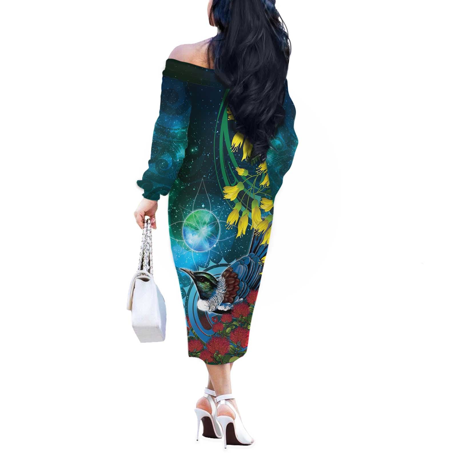New Zealand Tui Bird Off The Shoulder Long Sleeve Dress Maori Koru With Pohutukawa Galaxy Style - Aussie Hoodie