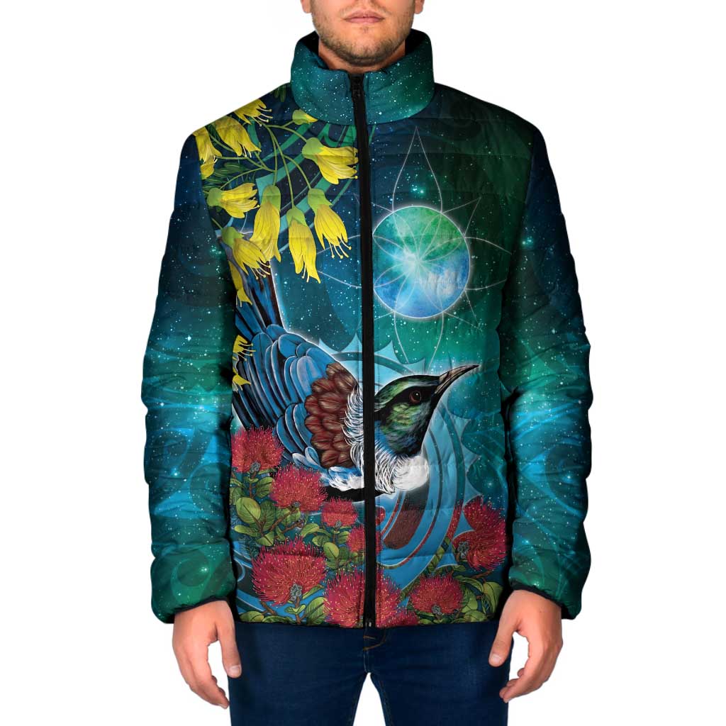 New Zealand Tui Bird Padded Jacket Maori Koru With Pohutukawa Galaxy Style - Aussie Hoodie