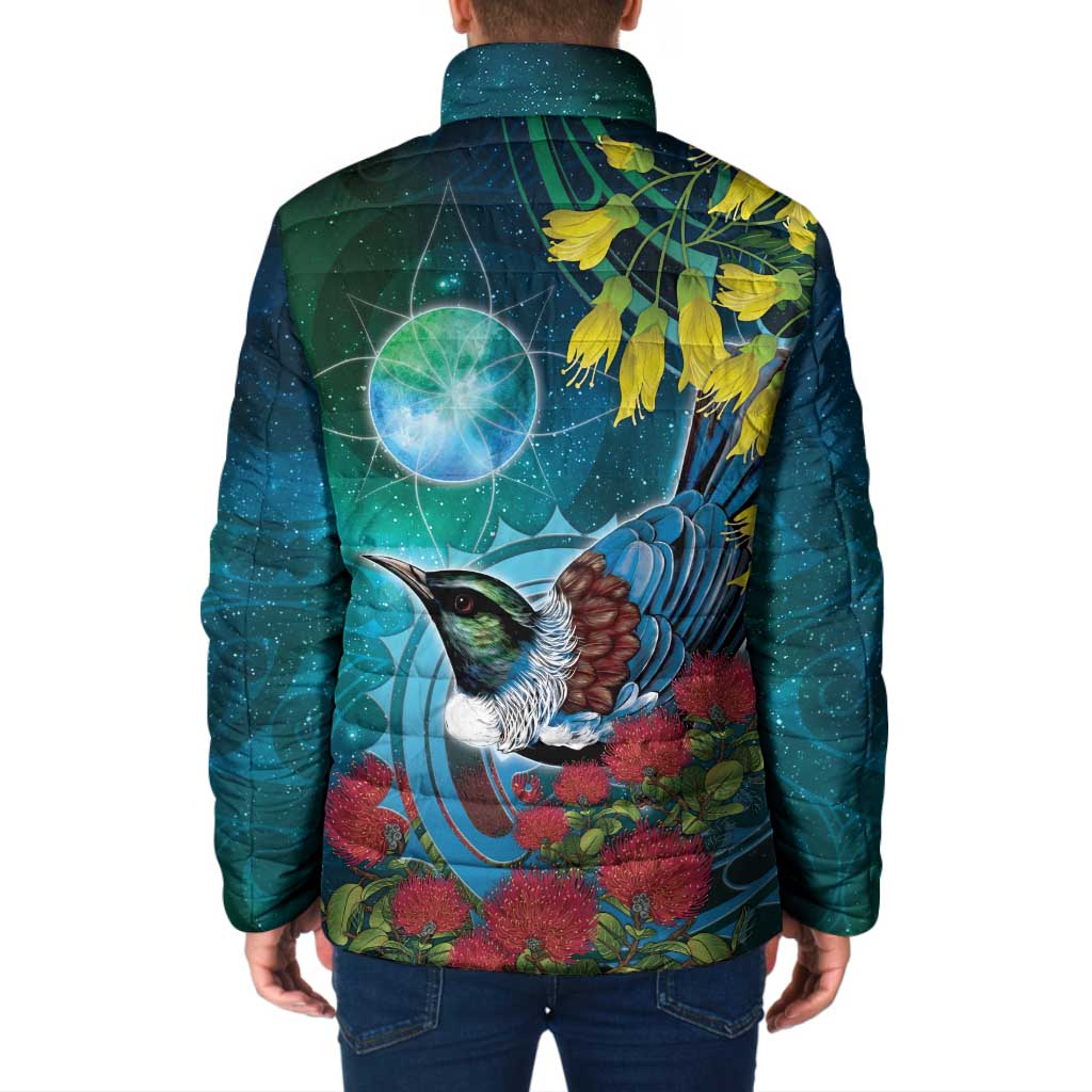New Zealand Tui Bird Padded Jacket Maori Koru With Pohutukawa Galaxy Style - Aussie Hoodie