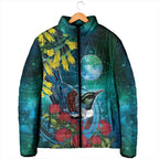 New Zealand Tui Bird Padded Jacket Maori Koru With Pohutukawa Galaxy Style - Aussie Hoodie