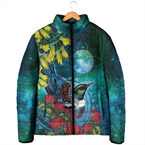 New Zealand Tui Bird Padded Jacket Maori Koru With Pohutukawa Galaxy Style - Aussie Hoodie