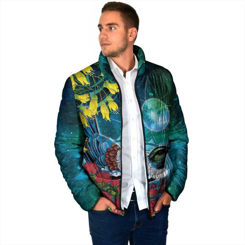 New Zealand Tui Bird Padded Jacket Maori Koru With Pohutukawa Galaxy Style - Aussie Hoodie