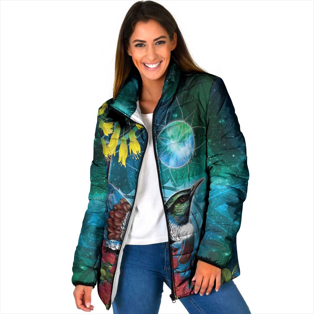 New Zealand Tui Bird Padded Jacket Maori Koru With Pohutukawa Galaxy Style - Aussie Hoodie