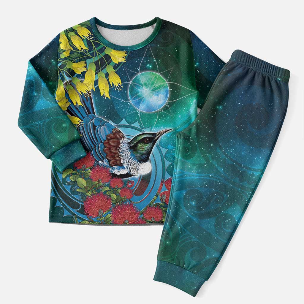 New Zealand Tui Bird Christmas Pajama Set Maori Koru With Pohutukawa Galaxy Style - Aussie Hoodie