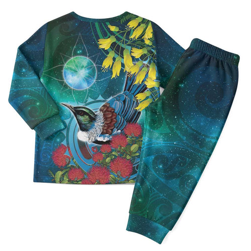 New Zealand Tui Bird Christmas Pajama Set Maori Koru With Pohutukawa Galaxy Style - Aussie Hoodie