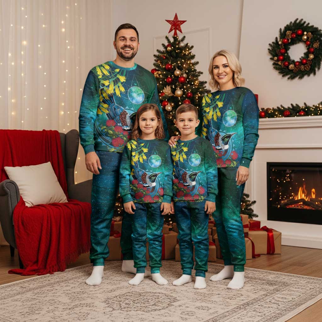 New Zealand Tui Bird Christmas Pajama Set Maori Koru With Pohutukawa Galaxy Style - Aussie Hoodie
