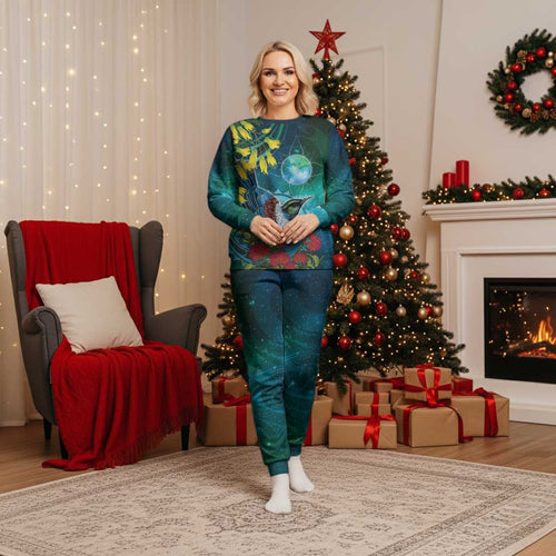 New Zealand Tui Bird Christmas Pajama Set Maori Koru With Pohutukawa Galaxy Style - Aussie Hoodie