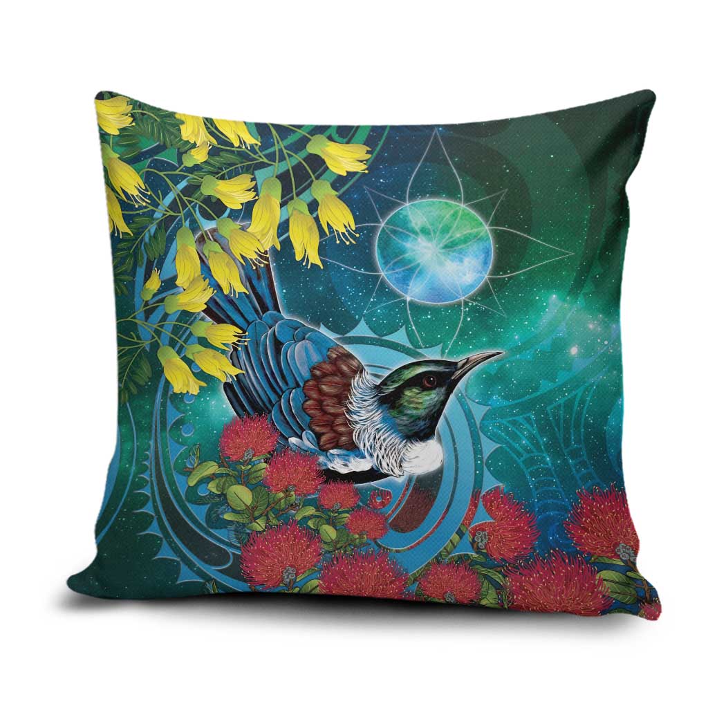 New Zealand Tui Bird Pillow Cover Maori Koru With Pohutukawa Galaxy Style - Aussie Hoodie