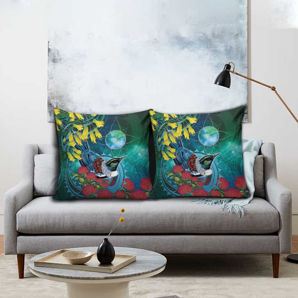 New Zealand Tui Bird Pillow Cover Maori Koru With Pohutukawa Galaxy Style - Aussie Hoodie