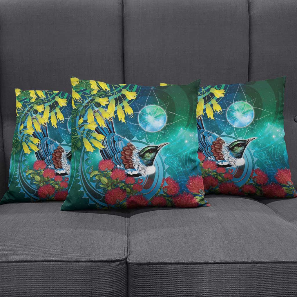 New Zealand Tui Bird Pillow Cover Maori Koru With Pohutukawa Galaxy Style - Aussie Hoodie