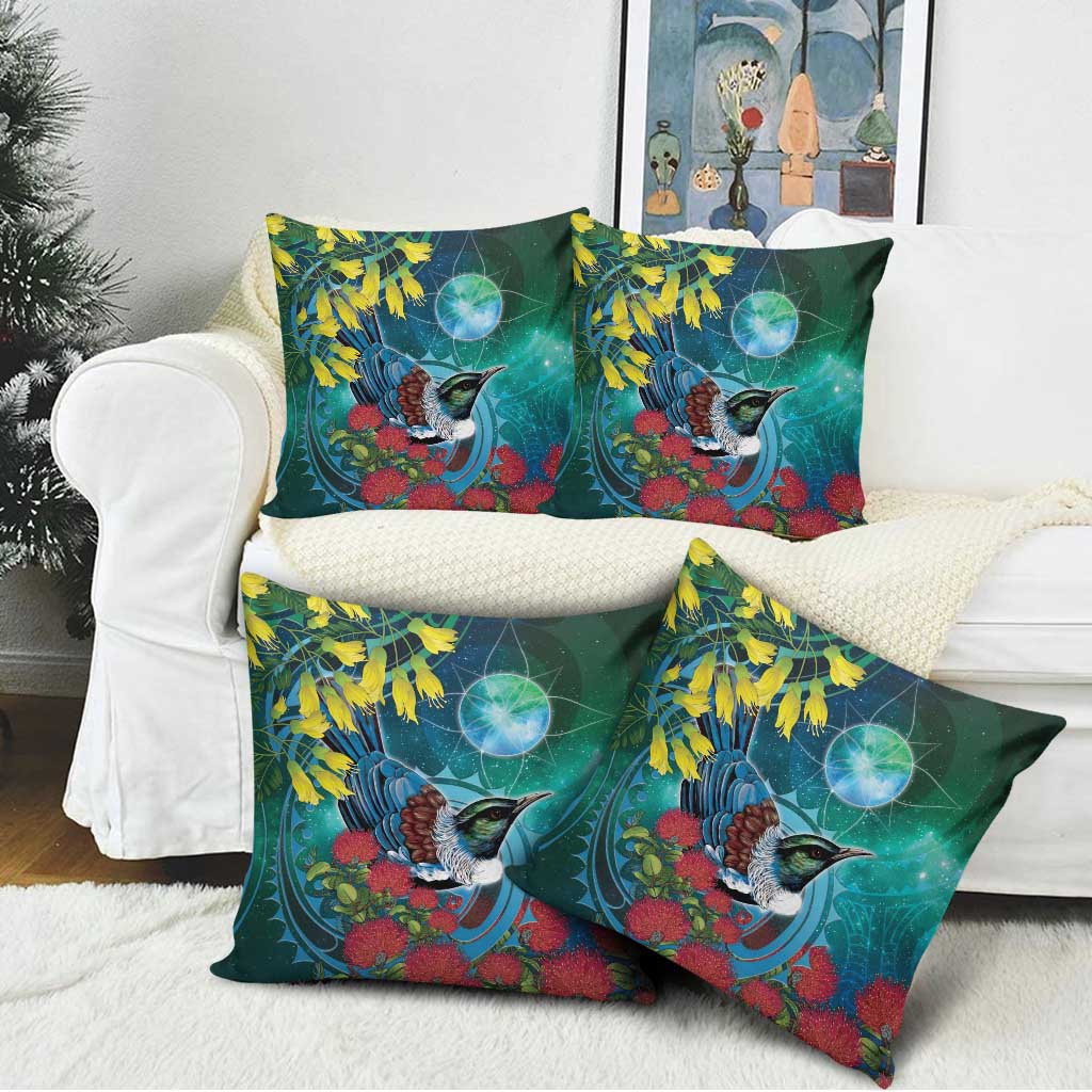 New Zealand Tui Bird Pillow Cover Maori Koru With Pohutukawa Galaxy Style - Aussie Hoodie