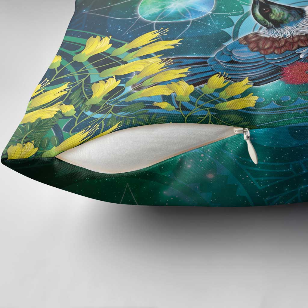 New Zealand Tui Bird Pillow Cover Maori Koru With Pohutukawa Galaxy Style - Aussie Hoodie