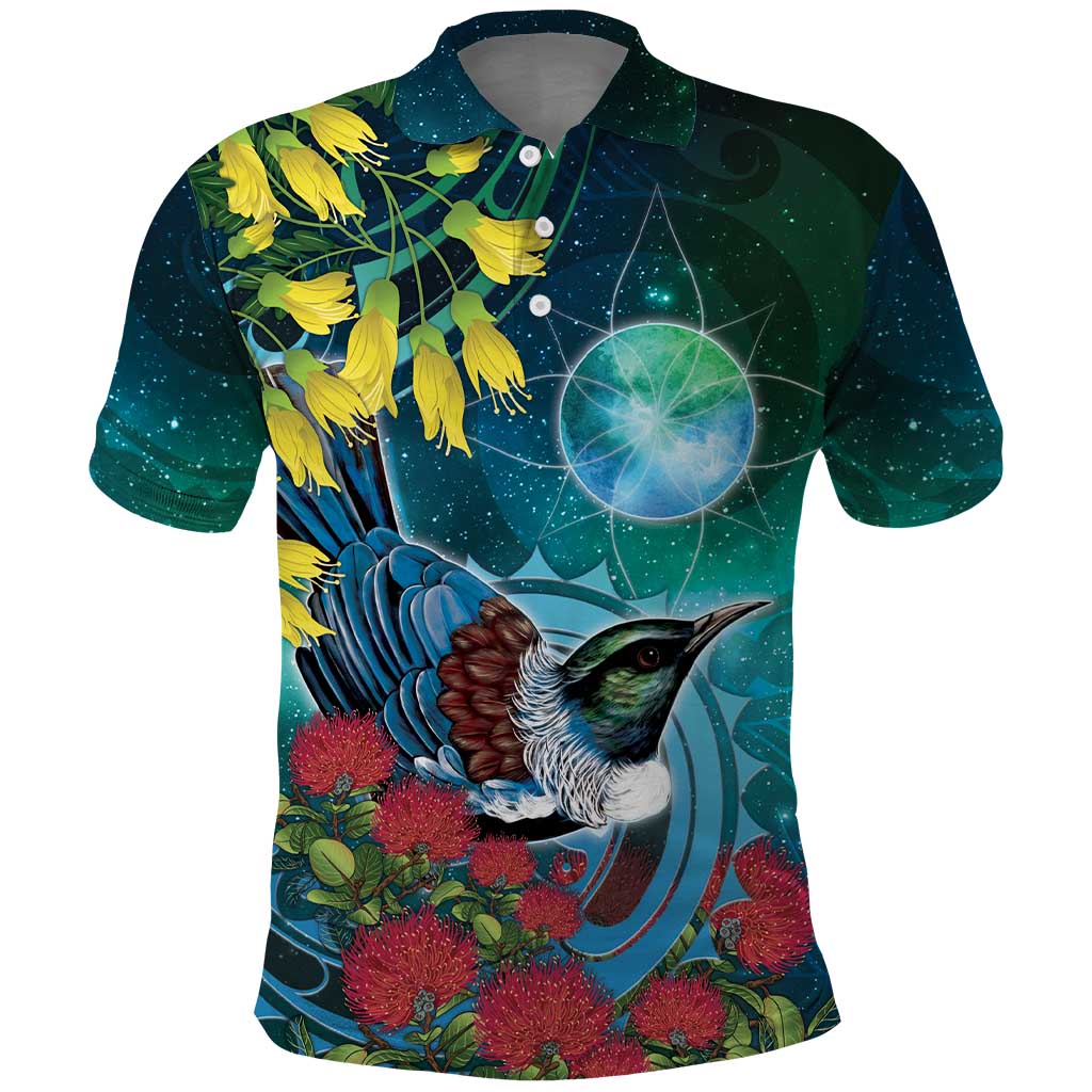 New Zealand Tui Bird Polo Shirt Maori Koru With Pohutukawa Galaxy Style - Aussie Hoodie