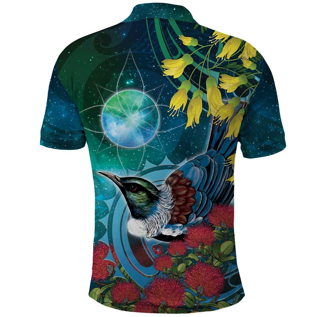 New Zealand Tui Bird Polo Shirt Maori Koru With Pohutukawa Galaxy Style - Aussie Hoodie