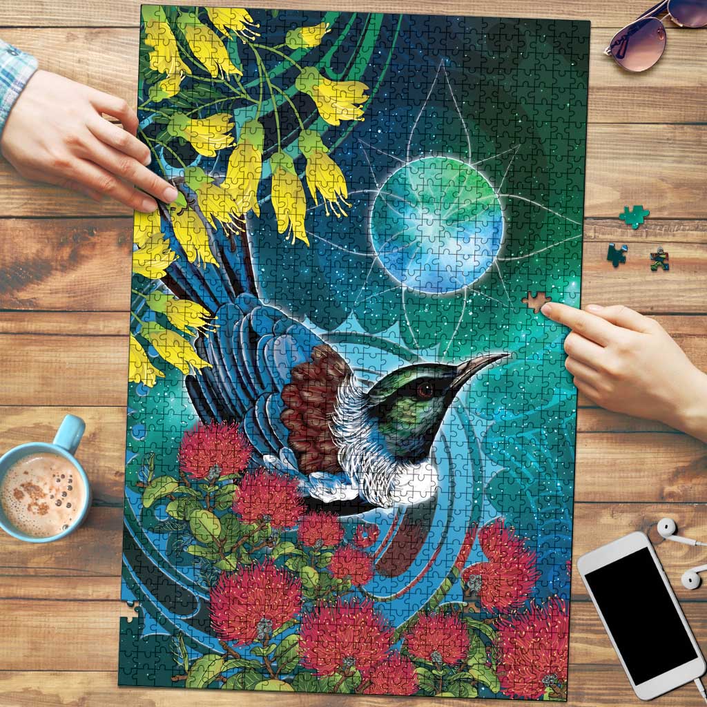 New Zealand Tui Bird Puzzle Maori Koru With Pohutukawa Galaxy Style - Aussie Hoodie