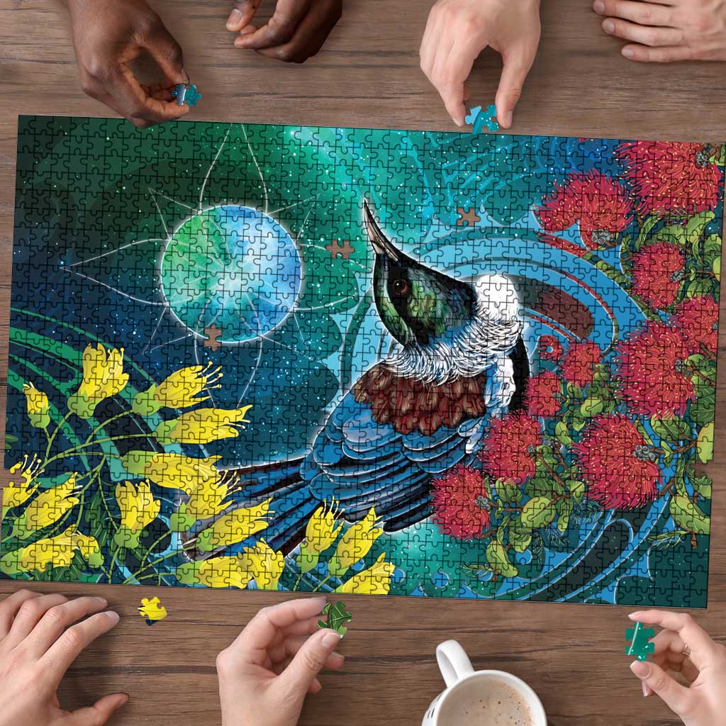 New Zealand Tui Bird Puzzle Maori Koru With Pohutukawa Galaxy Style - Aussie Hoodie