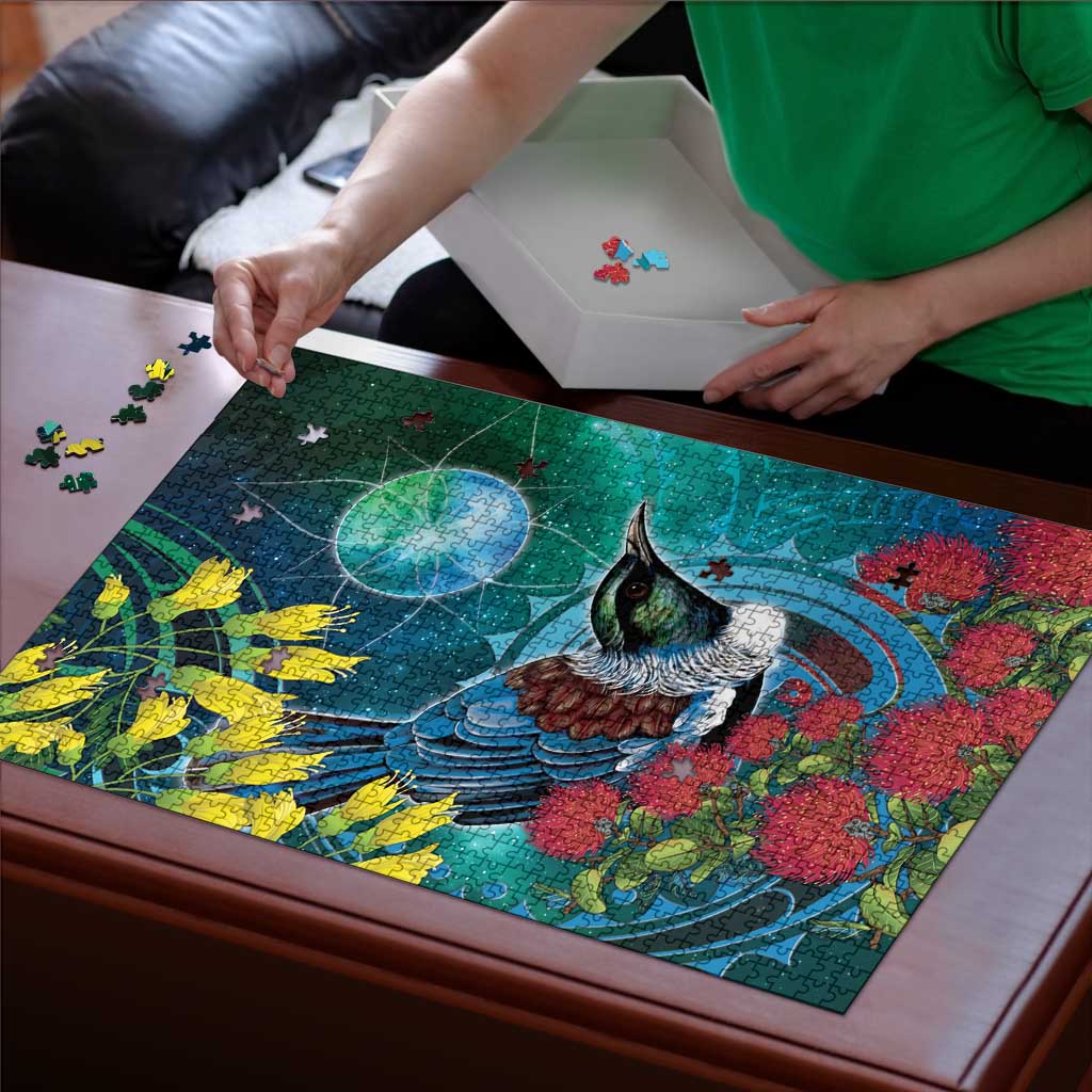 New Zealand Tui Bird Puzzle Maori Koru With Pohutukawa Galaxy Style - Aussie Hoodie