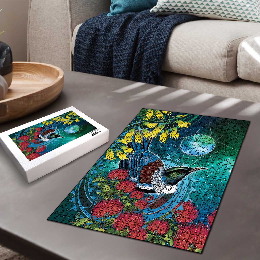 New Zealand Tui Bird Puzzle Maori Koru With Pohutukawa Galaxy Style - Aussie Hoodie