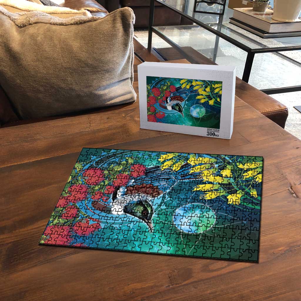 New Zealand Tui Bird Puzzle Maori Koru With Pohutukawa Galaxy Style - Aussie Hoodie