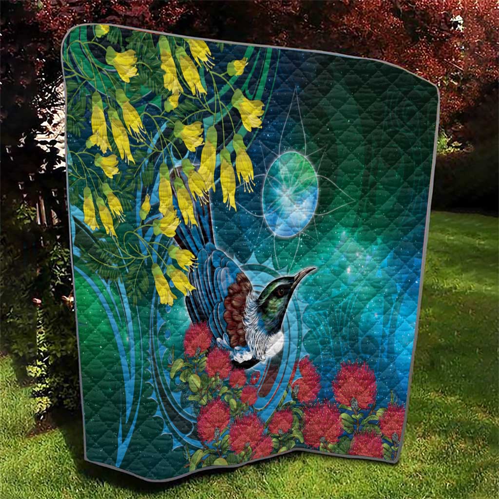 New Zealand Tui Bird Quilt Maori Koru With Pohutukawa Galaxy Style - Aussie Hoodie