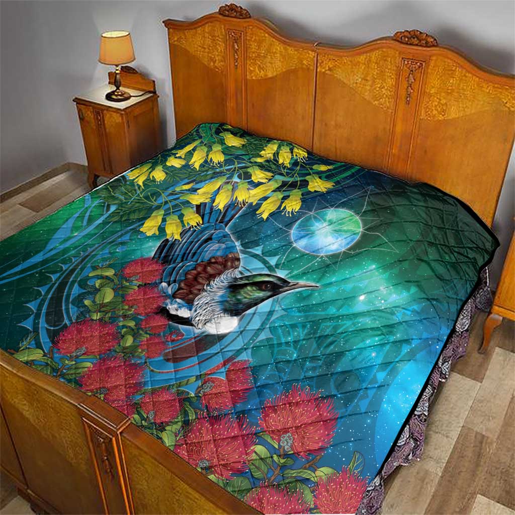 New Zealand Tui Bird Quilt Maori Koru With Pohutukawa Galaxy Style - Aussie Hoodie