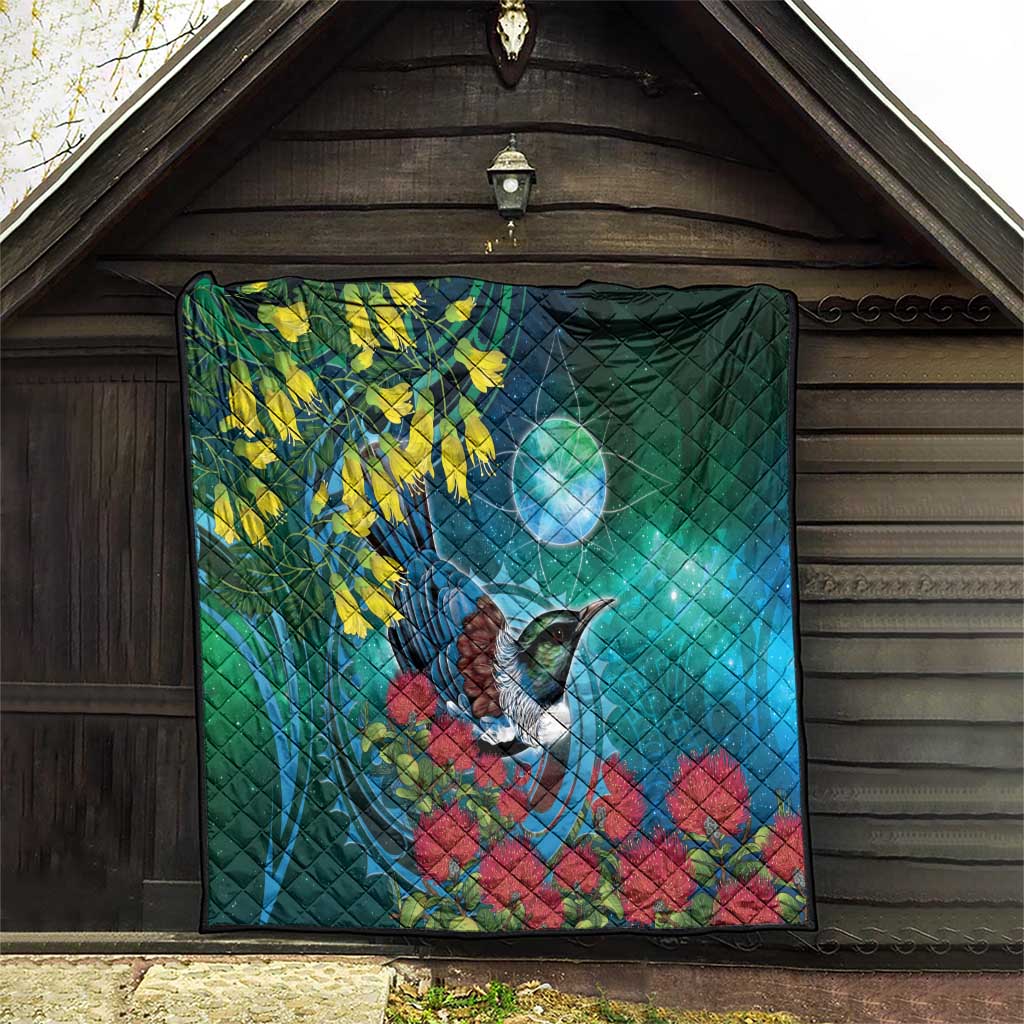 New Zealand Tui Bird Quilt Maori Koru With Pohutukawa Galaxy Style - Aussie Hoodie
