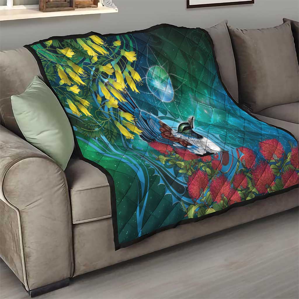 New Zealand Tui Bird Quilt Maori Koru With Pohutukawa Galaxy Style - Aussie Hoodie