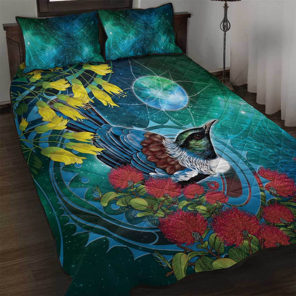 New Zealand Tui Bird Quilt Bed Set Maori Koru With Pohutukawa Galaxy Style - Aussie Hoodie
