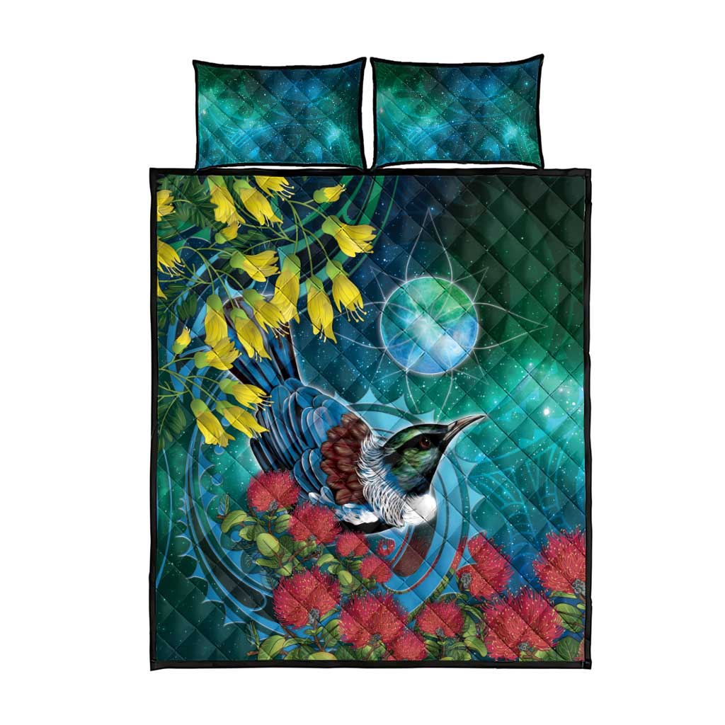 New Zealand Tui Bird Quilt Bed Set Maori Koru With Pohutukawa Galaxy Style - Aussie Hoodie
