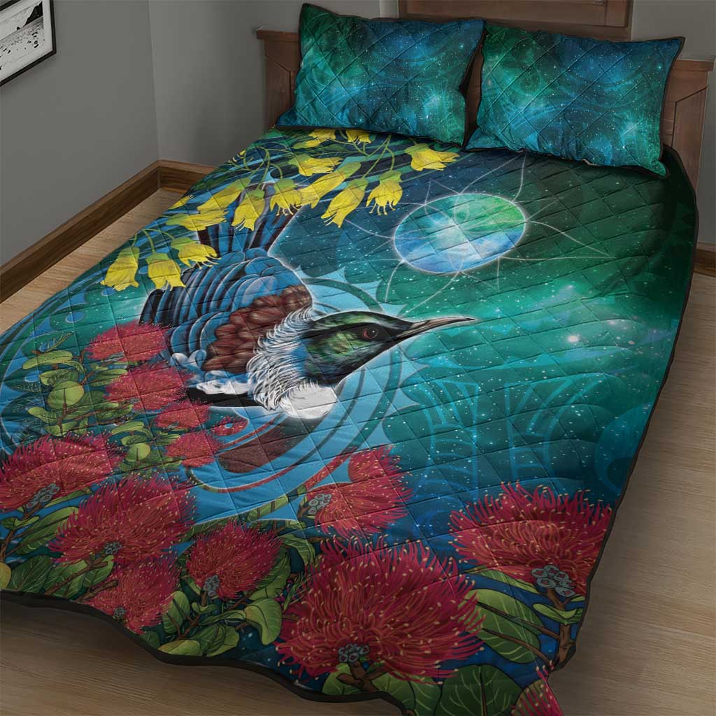 New Zealand Tui Bird Quilt Bed Set Maori Koru With Pohutukawa Galaxy Style - Aussie Hoodie