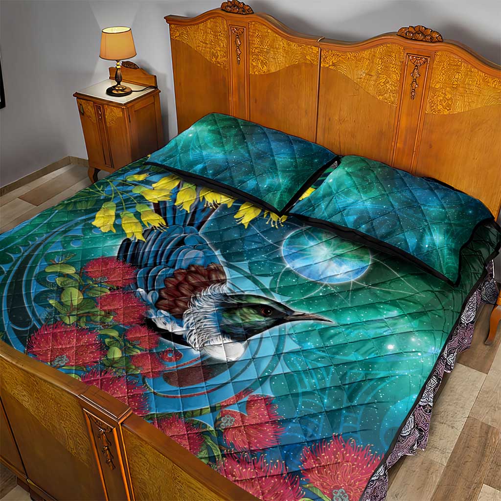 New Zealand Tui Bird Quilt Bed Set Maori Koru With Pohutukawa Galaxy Style - Aussie Hoodie